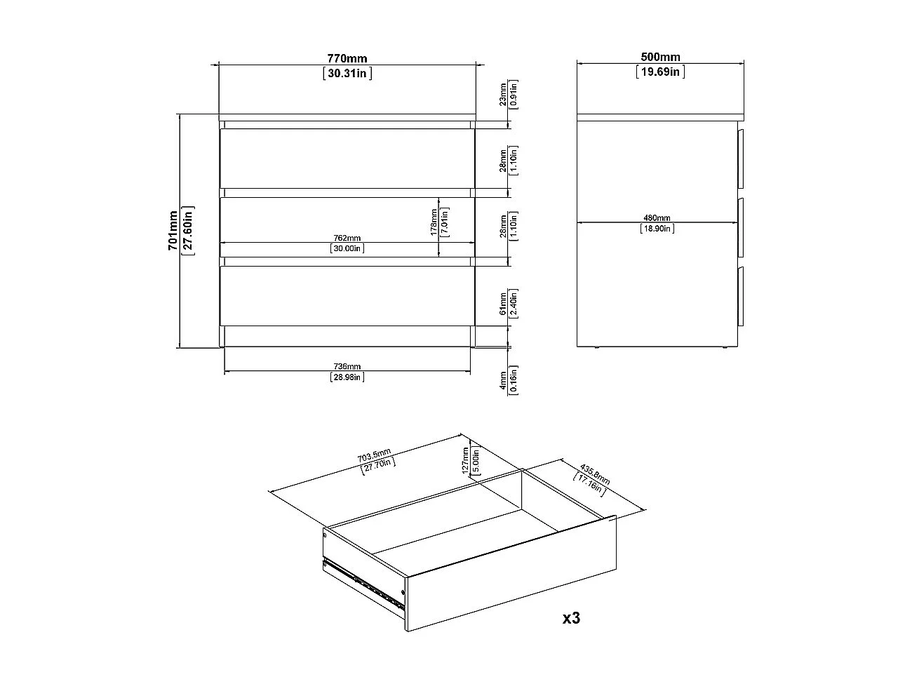 Nada Kommode 3 Schubladen mattschwarz.