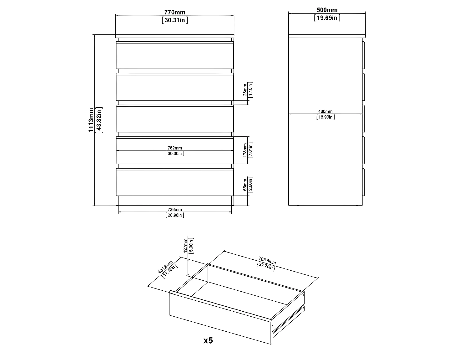 Nada Commode haute avec 5 tiroirs, noir mat.