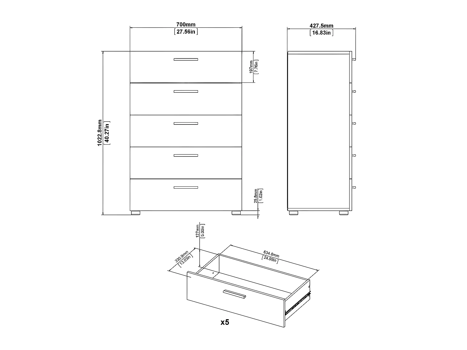 Petra Commode à 5 tiroirs, noir mat.