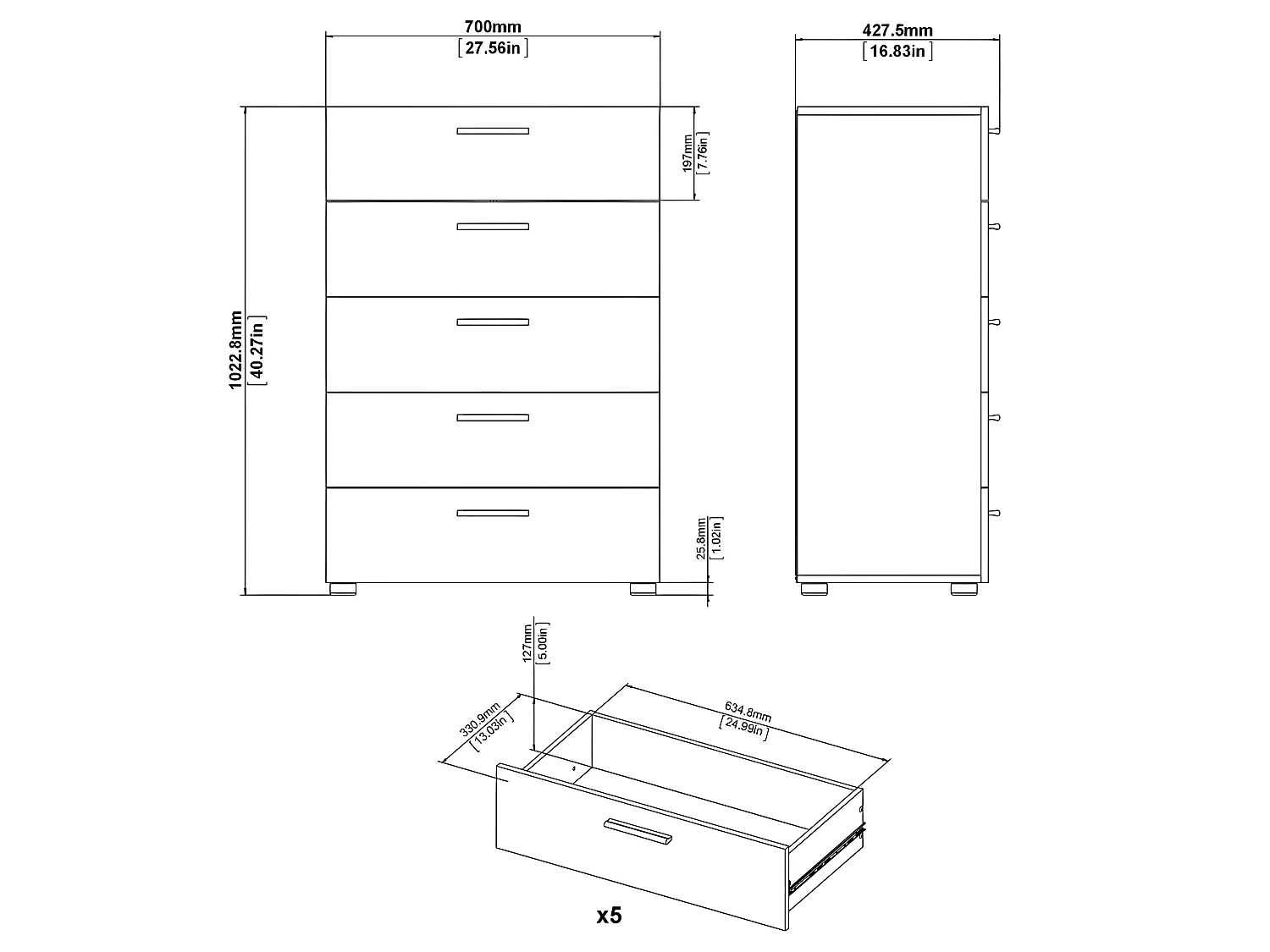 Petra Commode à 5 tiroirs, noir mat.