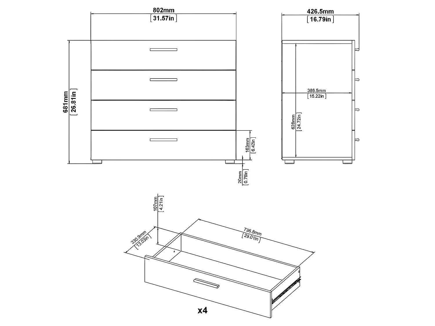 Petra Commode à 4 tiroirs, noir mat.