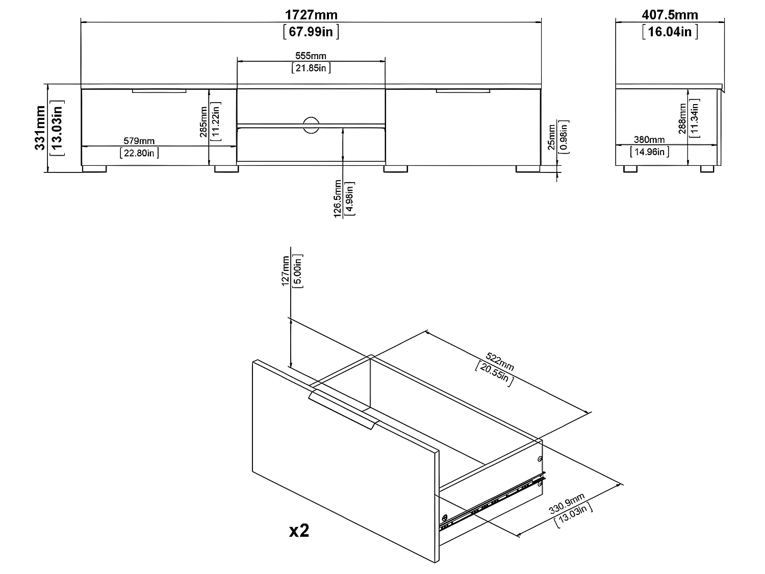 Malika TV Tisch mit 2 Schubladen und 1 Ablage, mattschwarz .