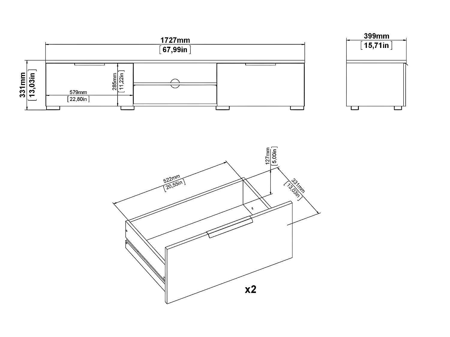 Malika TV Tisch 2 Schubladen und 1 Einlegeboden Trüffel-Dekor.