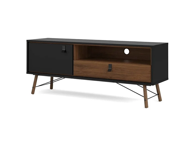 Rye TV-meubel 1 deur, 1 lade mat zwart, walnoot decor.