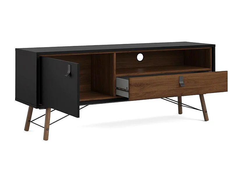 Rye TV-meubel 1 deur, 1 lade mat zwart, walnoot decor.
