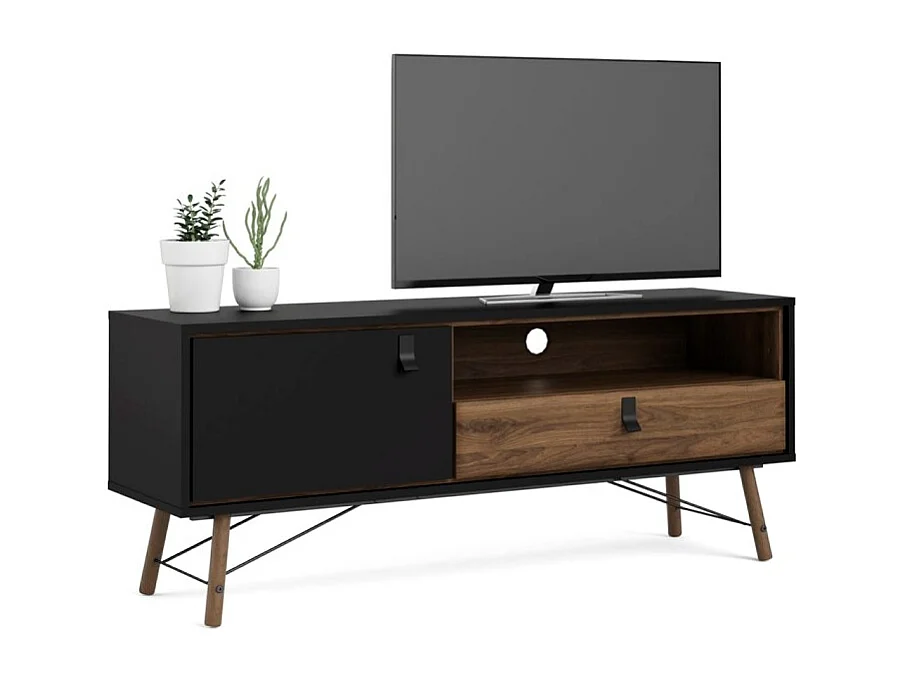 Rye TV-meubel 1 deur, 1 lade mat zwart, walnoot decor.