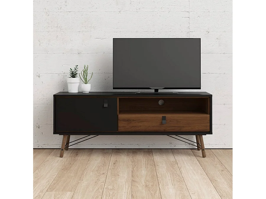 Rye TV-meubel 1 deur, 1 lade mat zwart, walnoot decor.