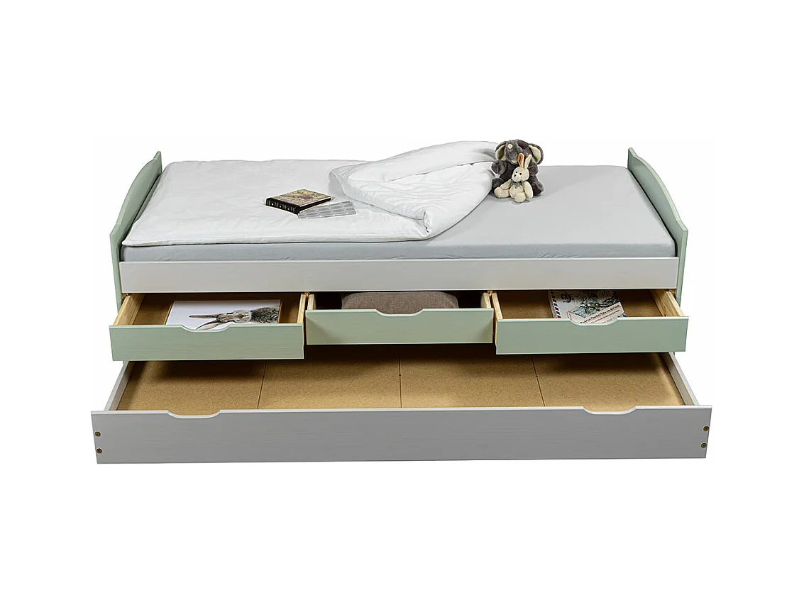 Prati bed 3 kleine laden met 1 uitschuifbaar bed Lichtgrijs, muntgroen.