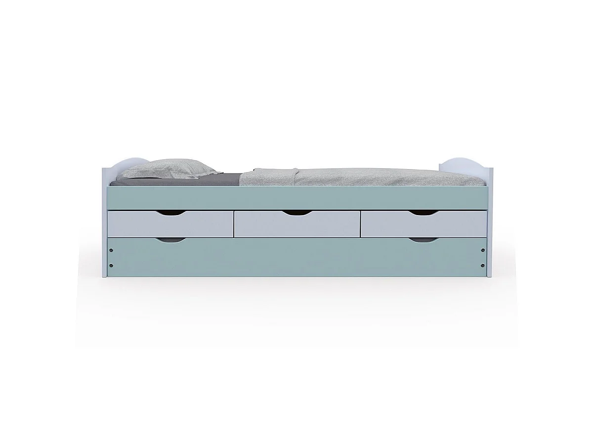 Prati bed 3 kleine laden met 1 uitschuifbaar bed Lichtgrijs, muntgroen.