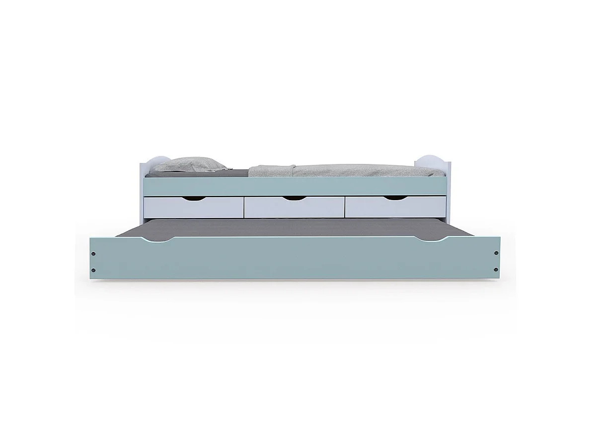 Prati bed 3 kleine laden met 1 uitschuifbaar bed Lichtgrijs, muntgroen.