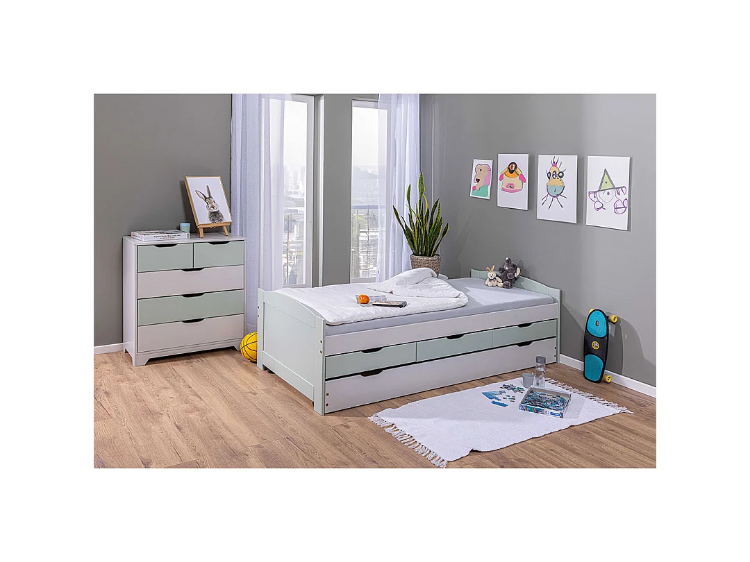 Prati bed 3 kleine laden met 1 uitschuifbaar bed Lichtgrijs, muntgroen.