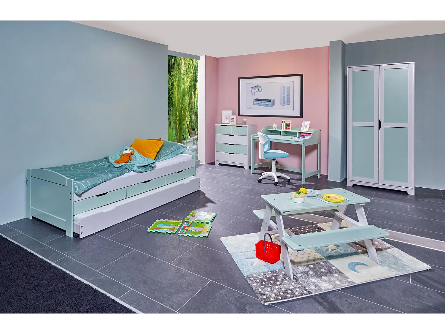 Prati bed 3 kleine laden met 1 uitschuifbaar bed Lichtgrijs, muntgroen.