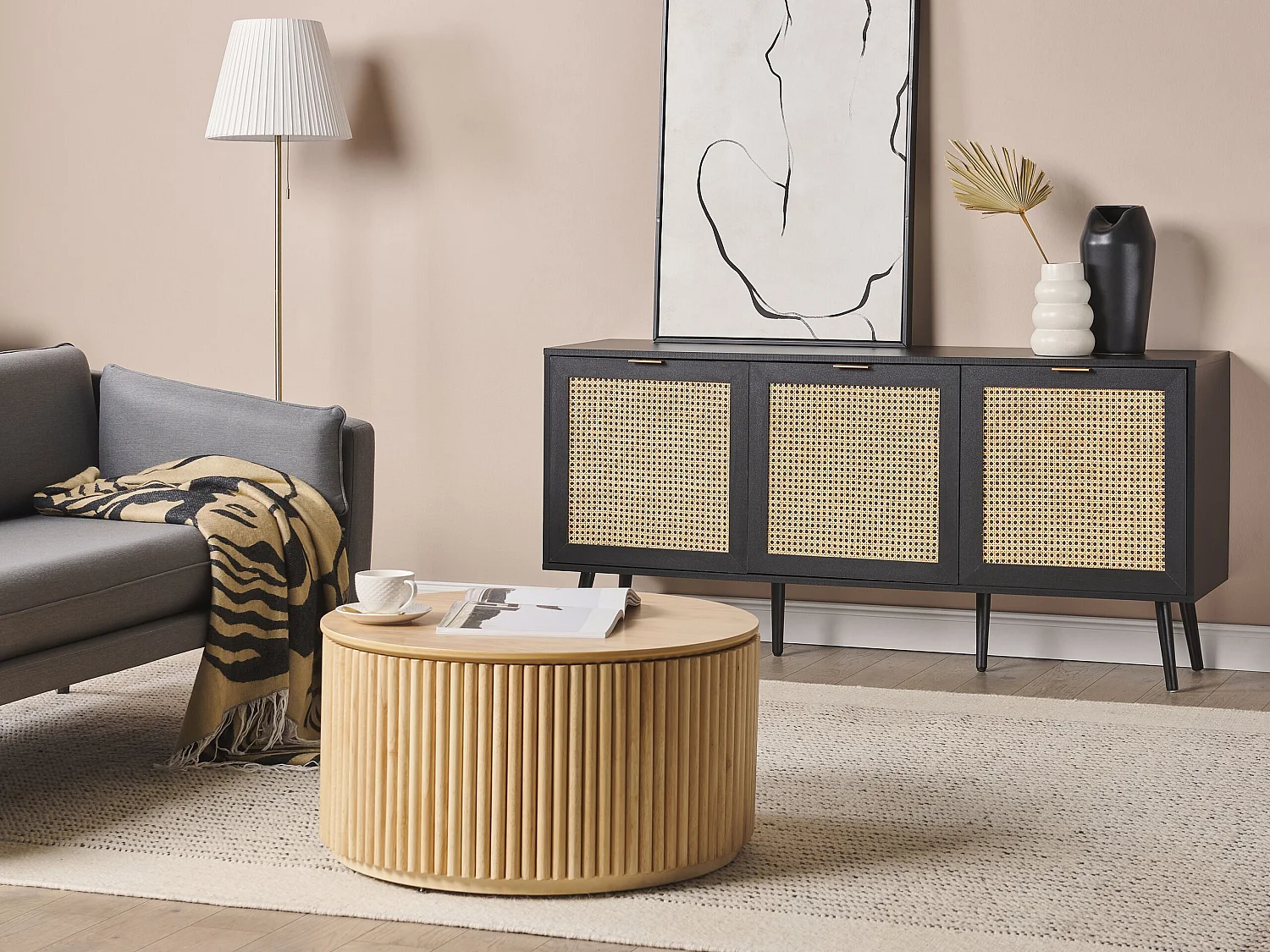 Sideboard Rattan schwarz / beige 3 Türen 150 x 40 x 71 cm modern Opoco