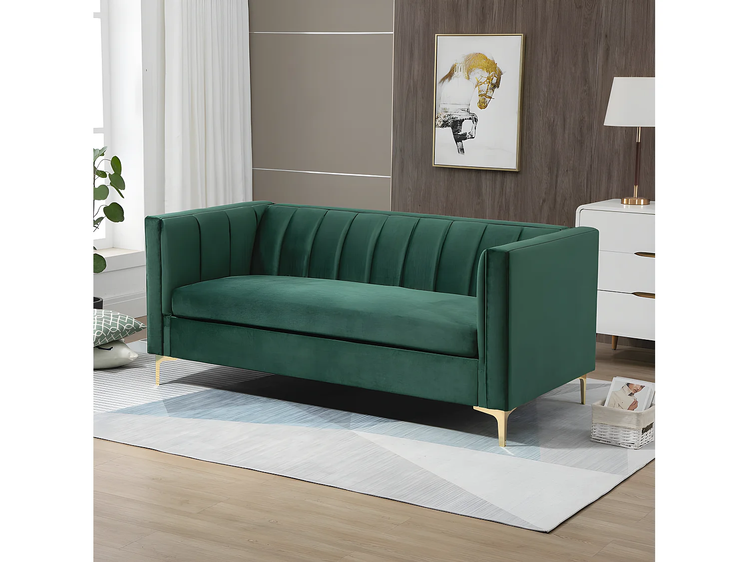 Canapé art déco BENIDORM vert sapin pieds dorés