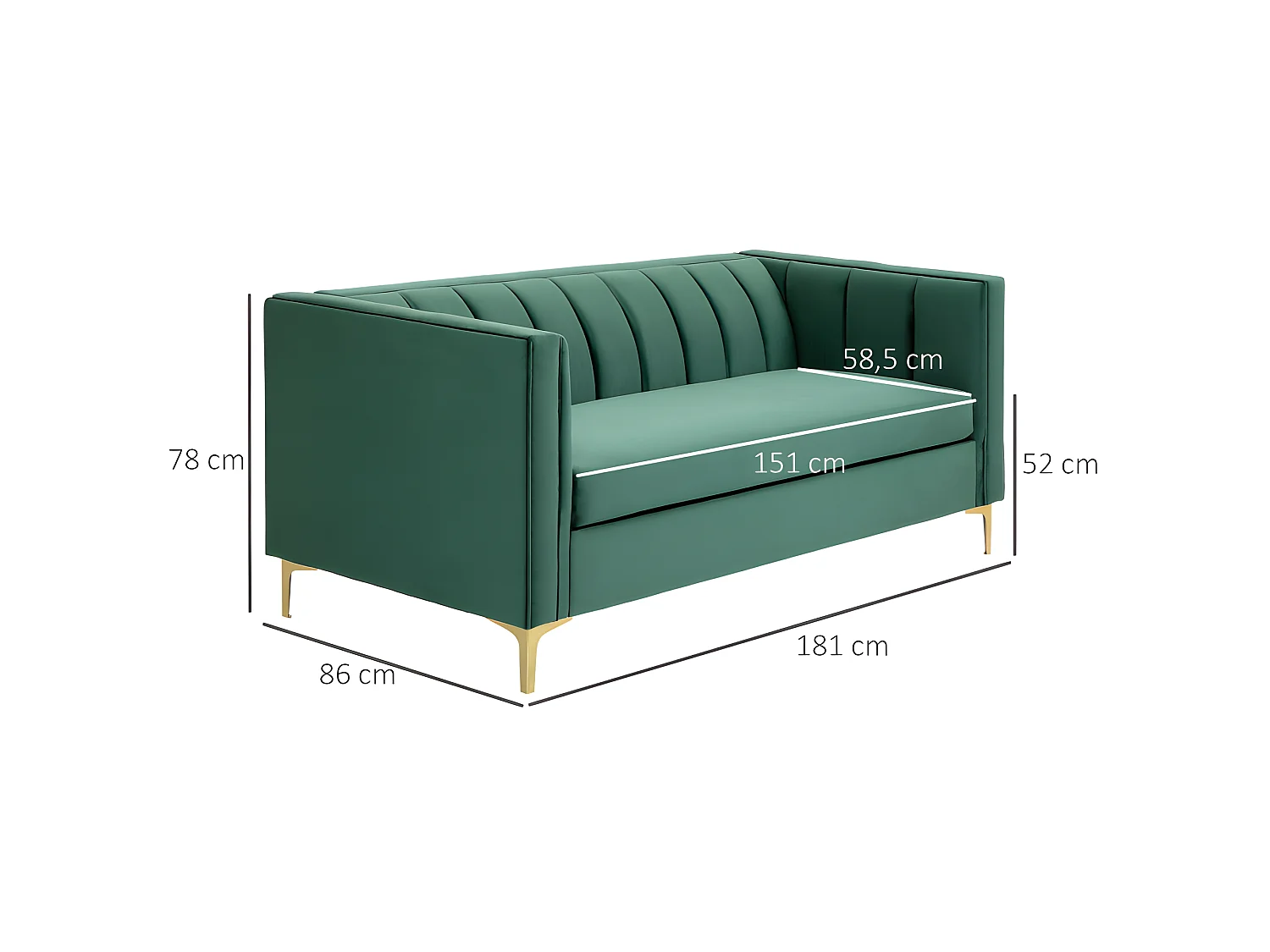 Canapé art déco BENIDORM vert sapin pieds dorés