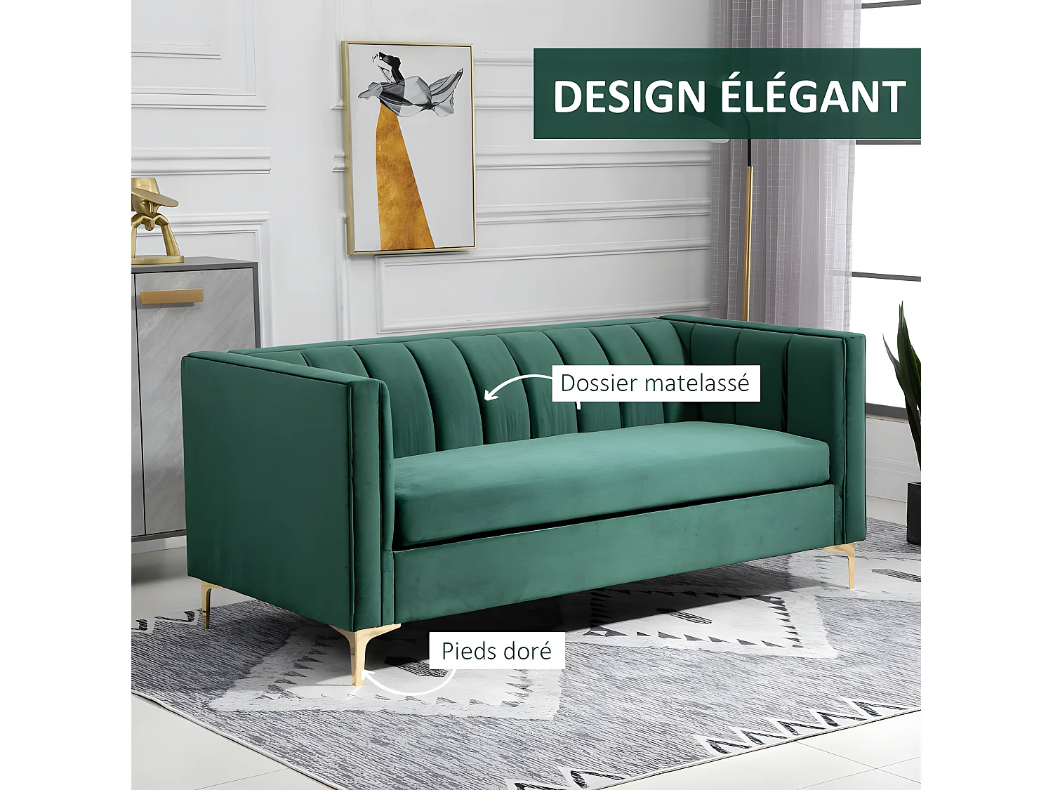 Canapé art déco BENIDORM vert sapin pieds dorés