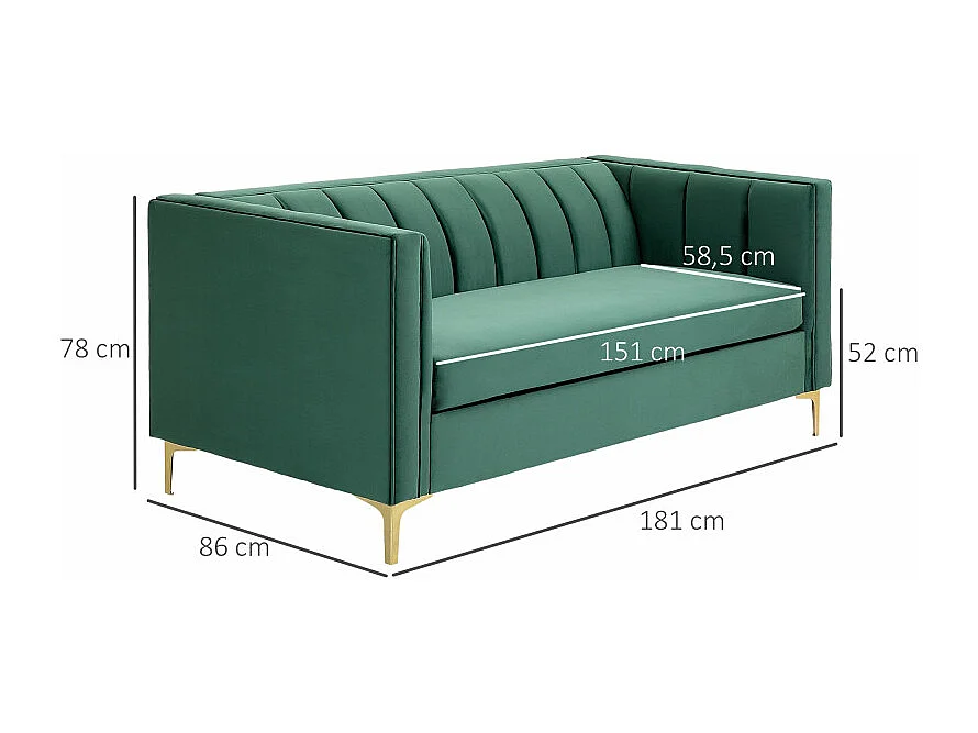 Canapé art déco BENIDORM vert sapin pieds dorés