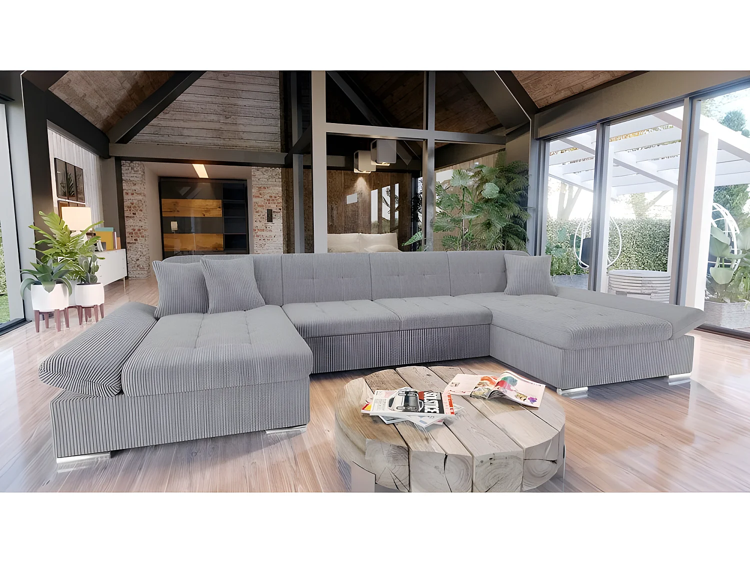 Canapé d'angle convertible ALON velours côtelé gris