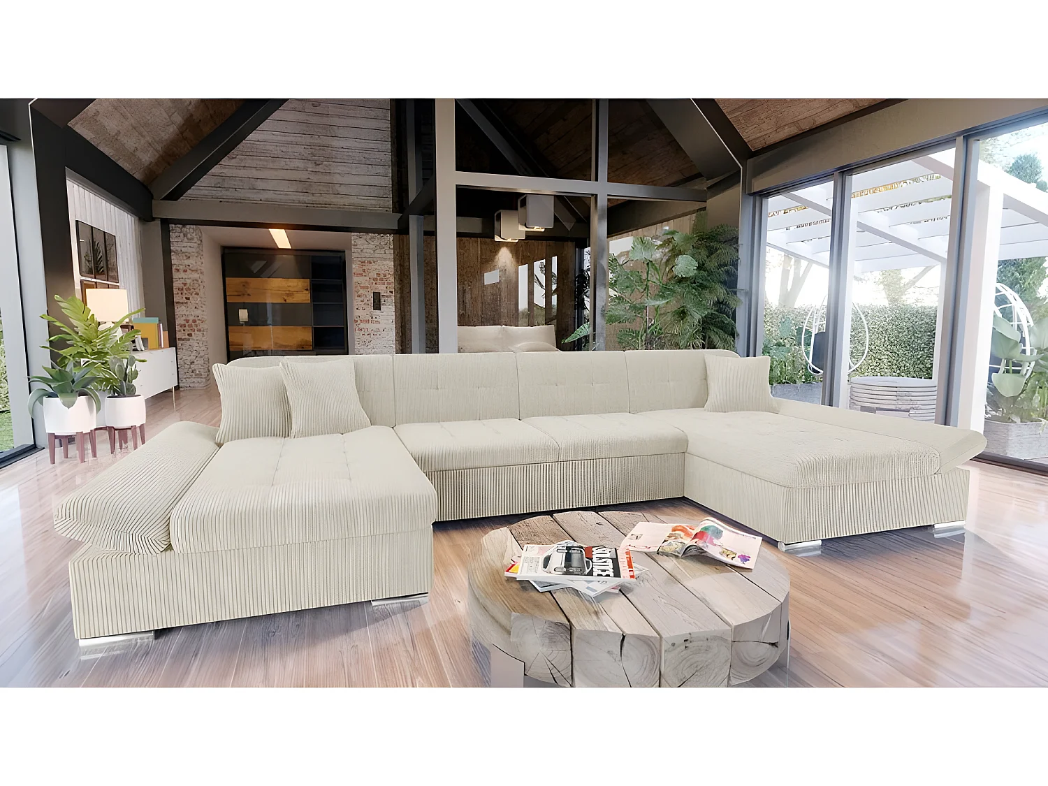 Converteerbare hoekbank ALON beige ribfluweel