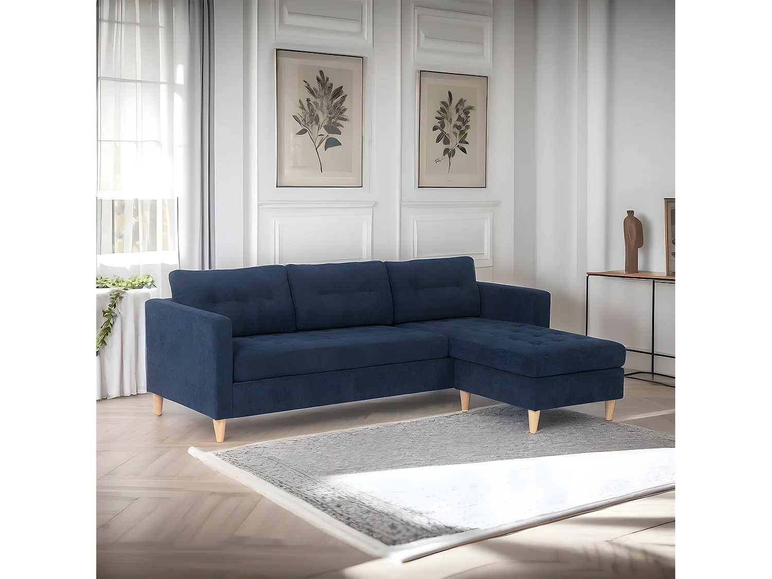 Marino Canapé AB2, chaise longue orientable à droite ou à gauche en velours, bleu foncé.