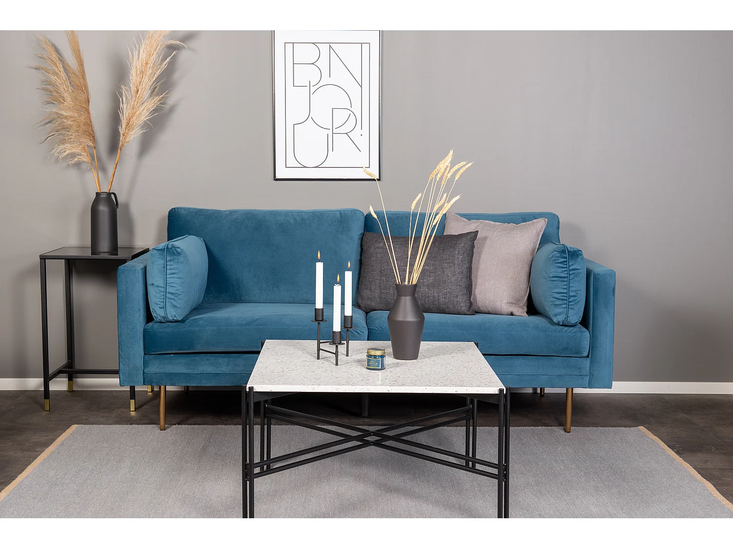 Boom bank 3 persoons velours blauw.