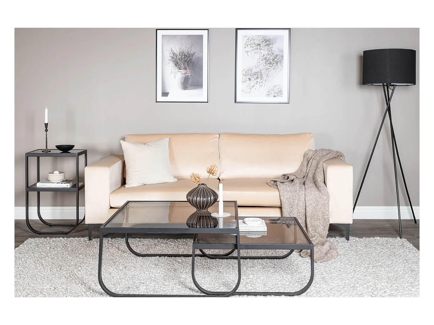 Canapé 3 Places en Velours "Bolero" 215cm Beige