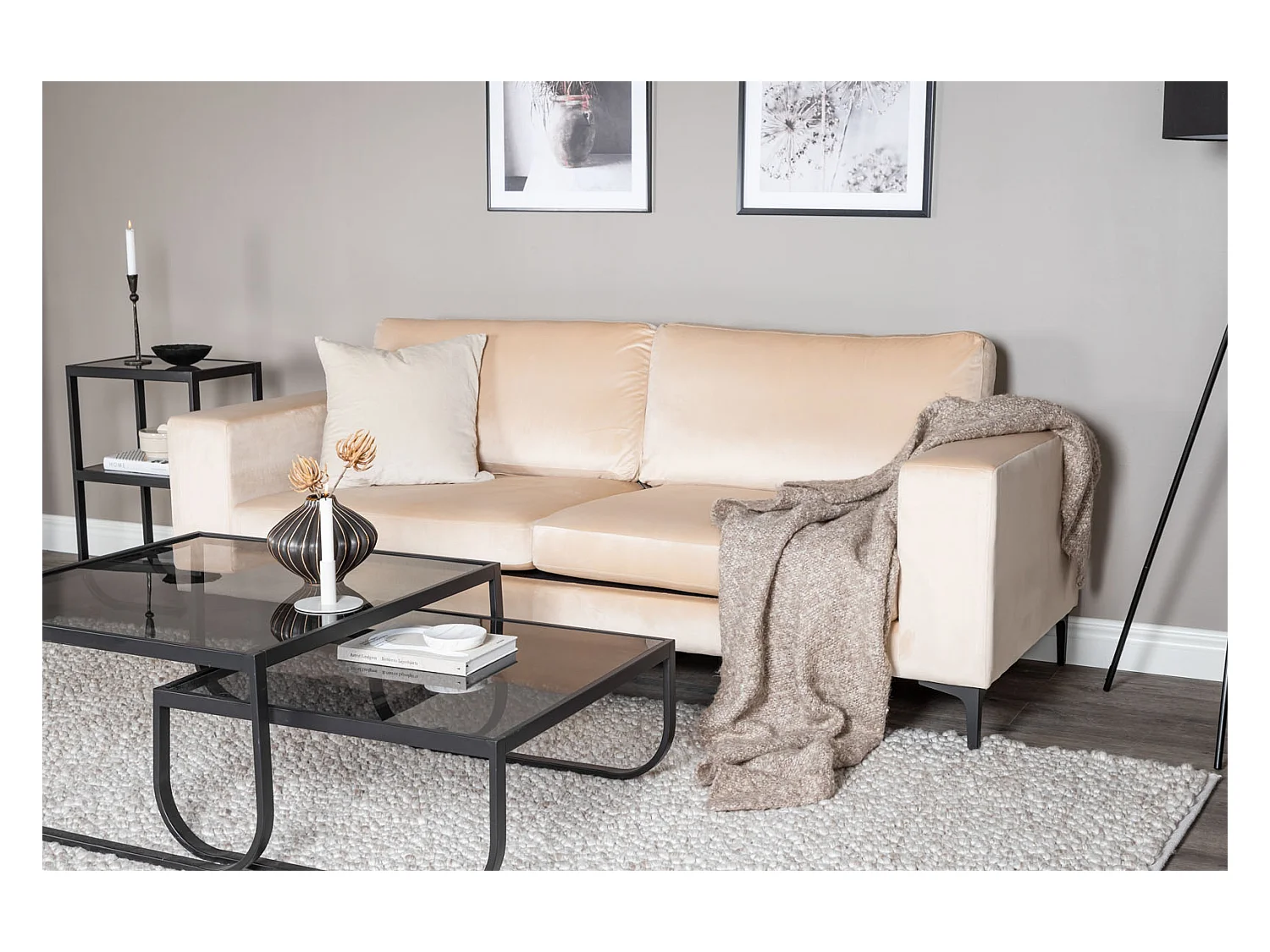 Canapé 3 Places en Velours "Bolero" 215cm Beige