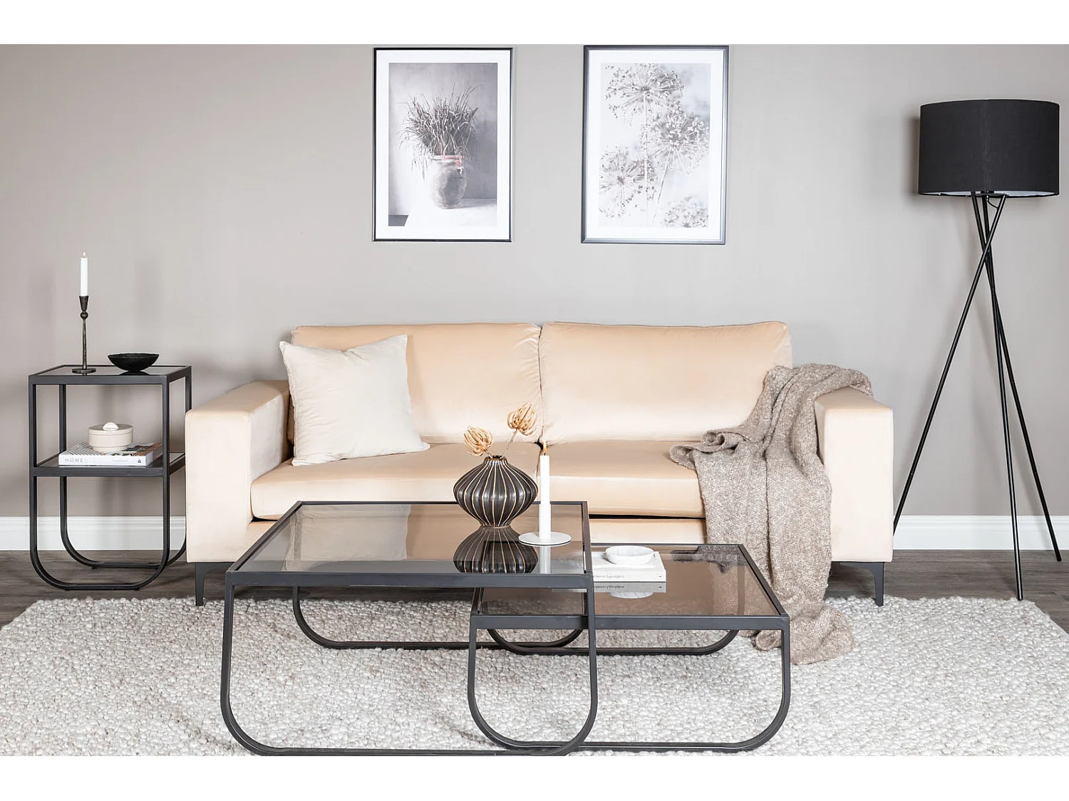 Canapé 3 Places en Velours "Bolero" 215cm Beige