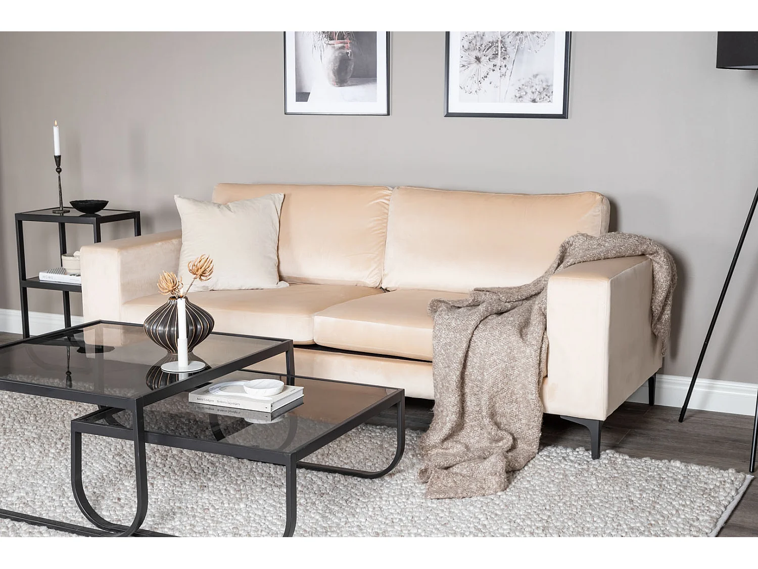 Canapé 3 Places en Velours "Bolero" 215cm Beige