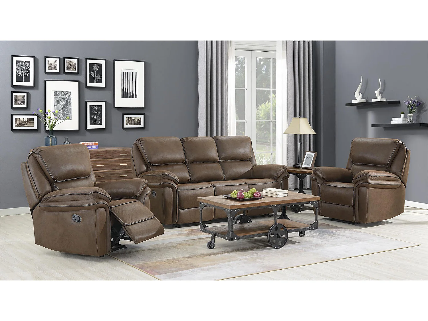 Saranda bank 3 persoons recliner PU kunstleer bruin.