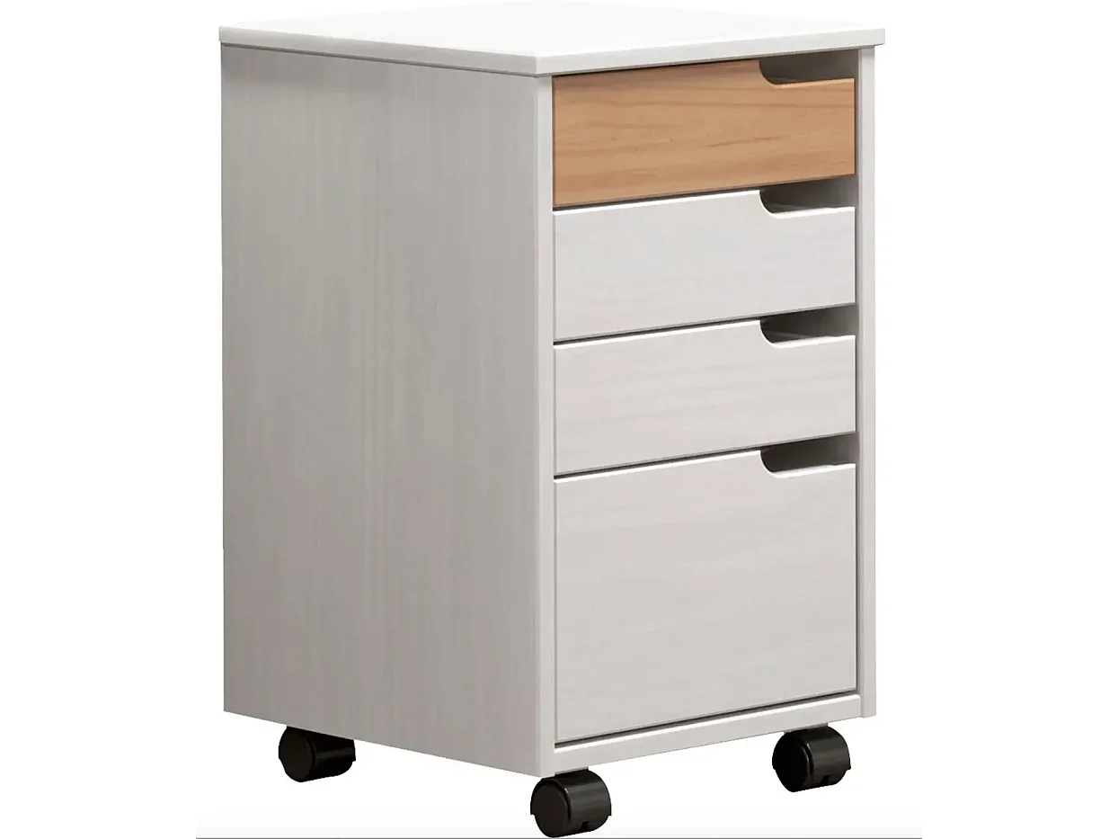 Caisson de bureau 4 tiroirs bois blanc et marron avec roues Louis