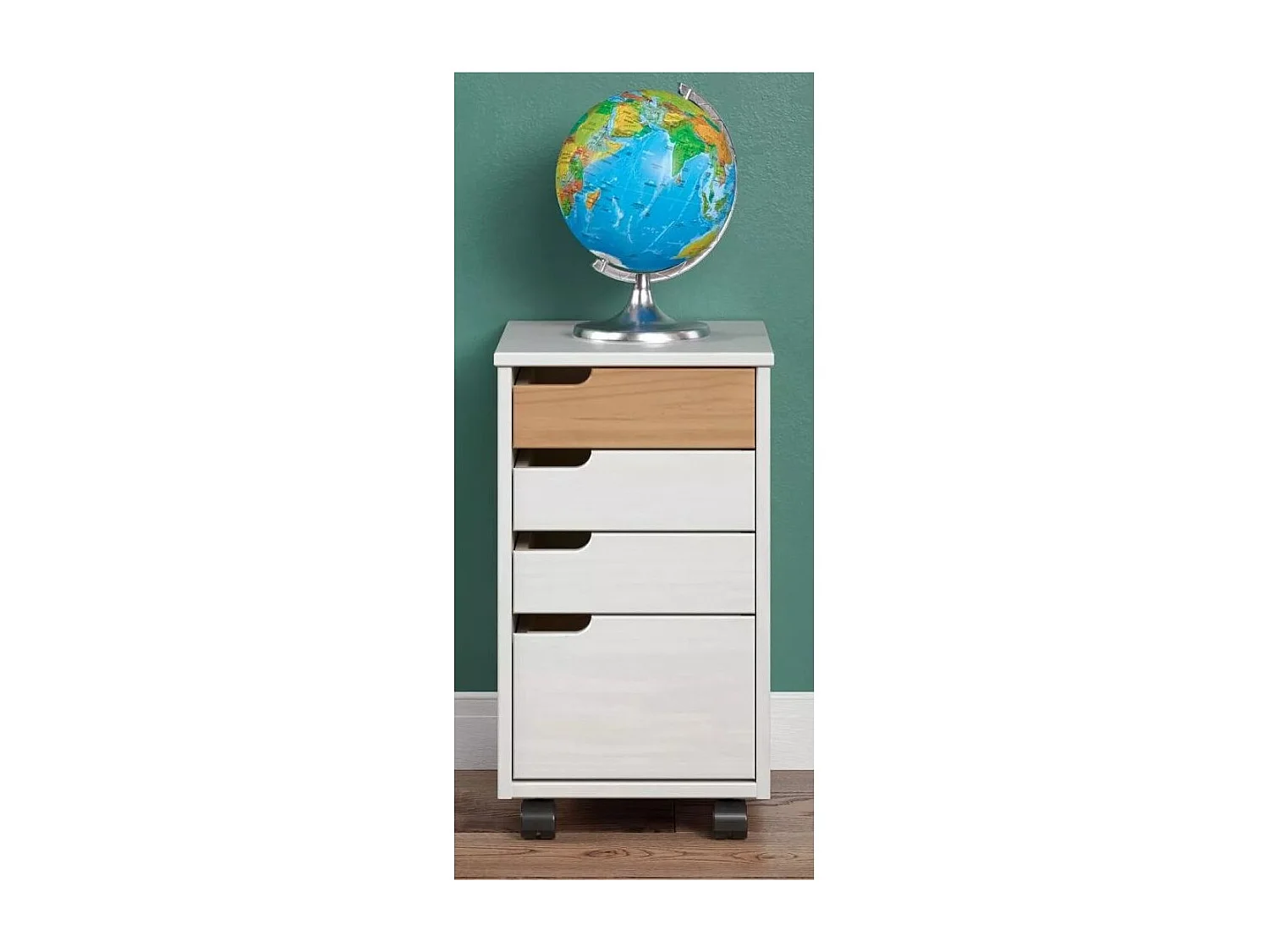 Caisson de bureau 4 tiroirs bois blanc et marron avec roues Louis