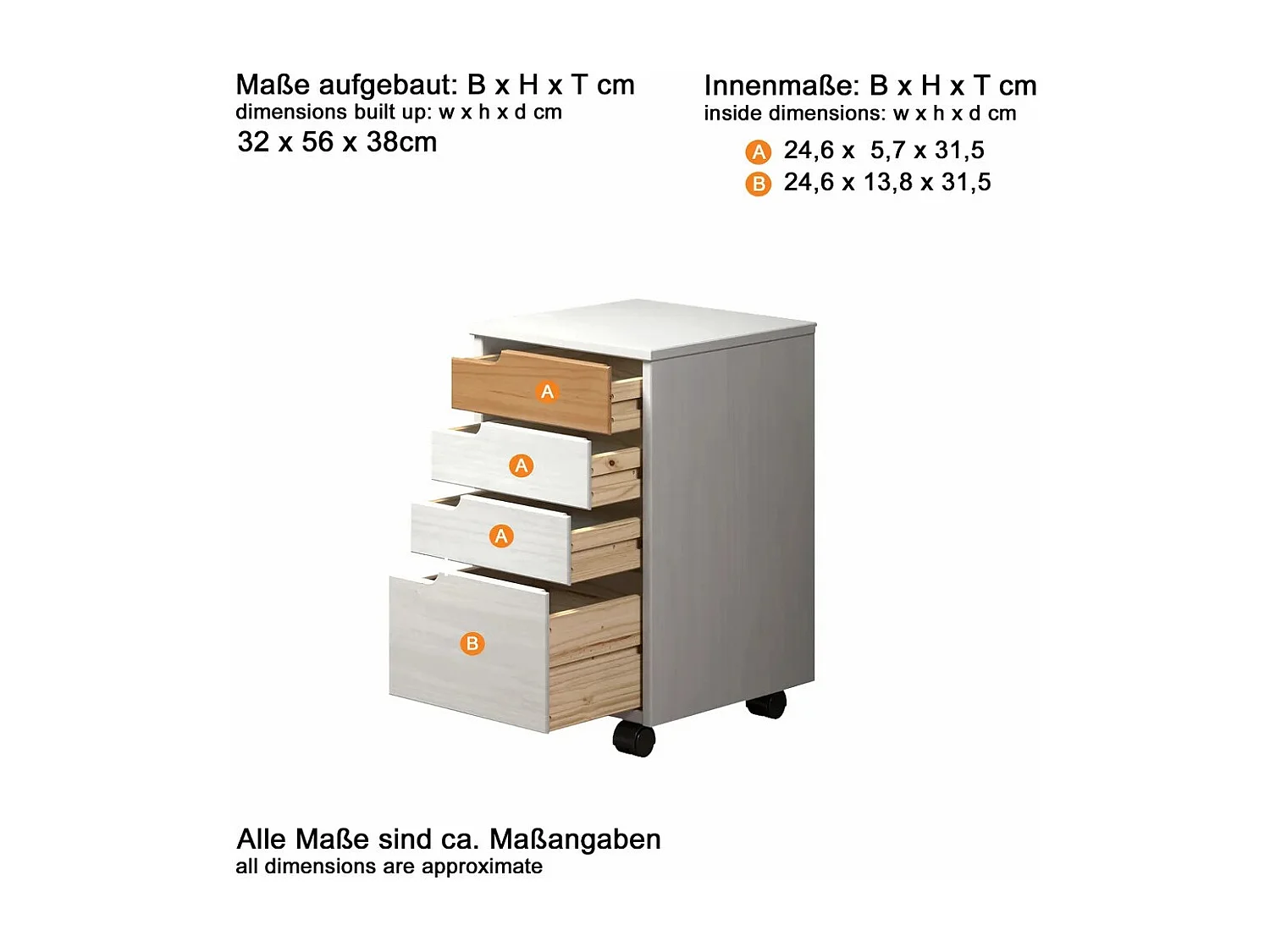 Caisson de bureau 4 tiroirs bois blanc et marron avec roues Louis