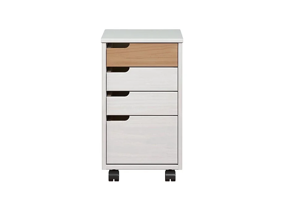 Caisson de bureau 4 tiroirs bois blanc et marron avec roues Louis