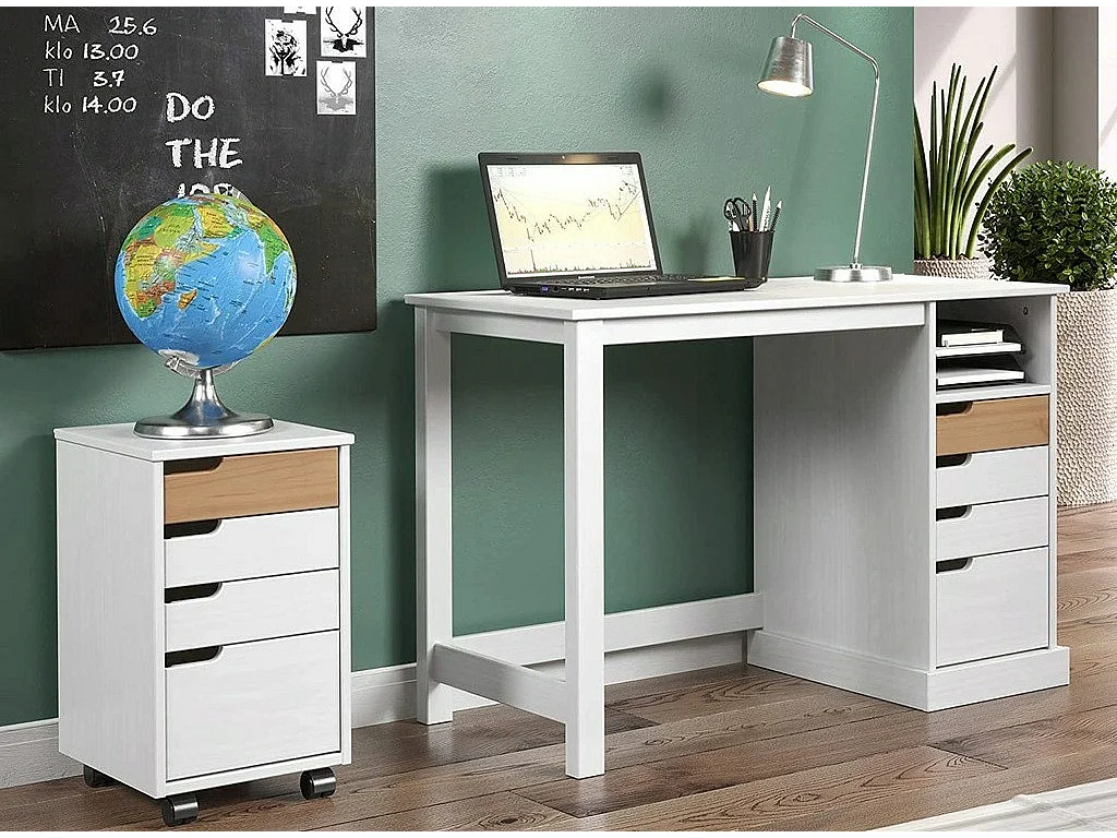 Caisson de bureau 4 tiroirs bois blanc et marron avec roues Louis
