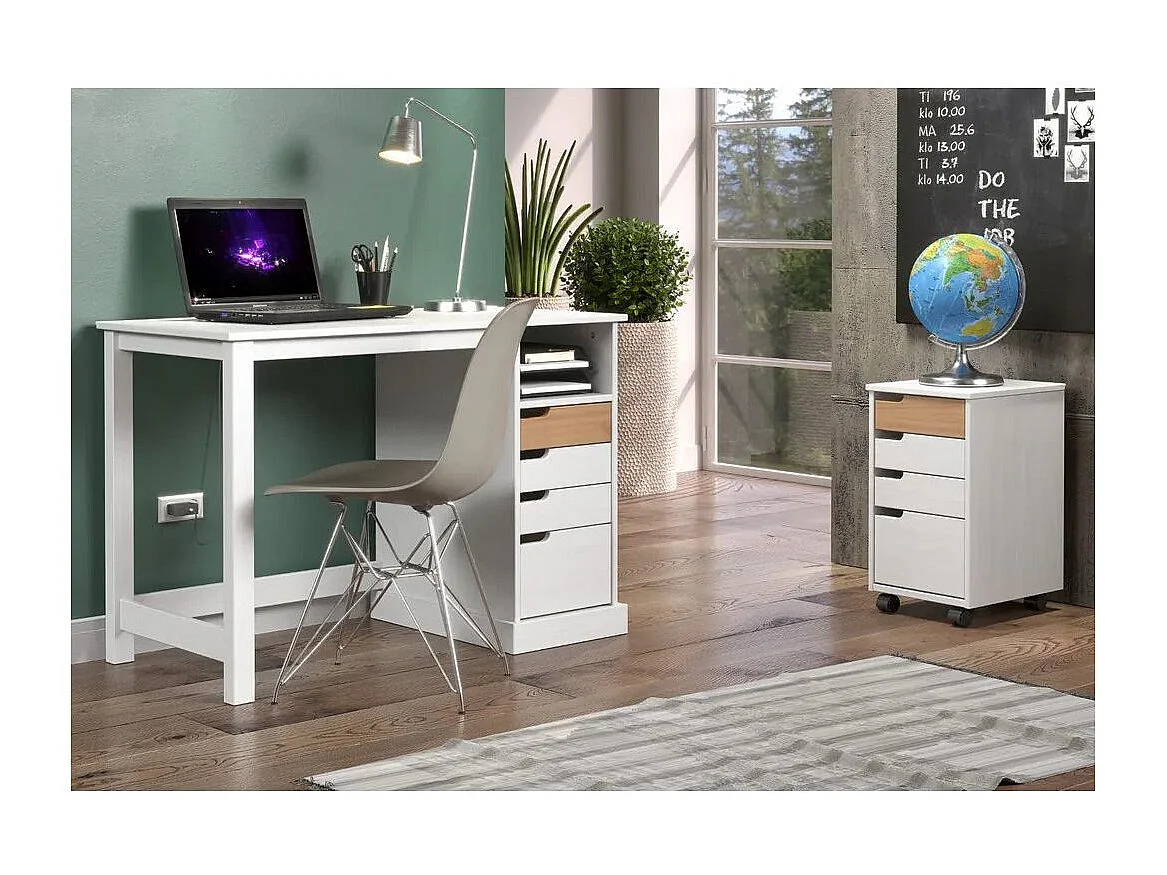 Caisson de bureau 4 tiroirs bois blanc et marron avec roues Louis
