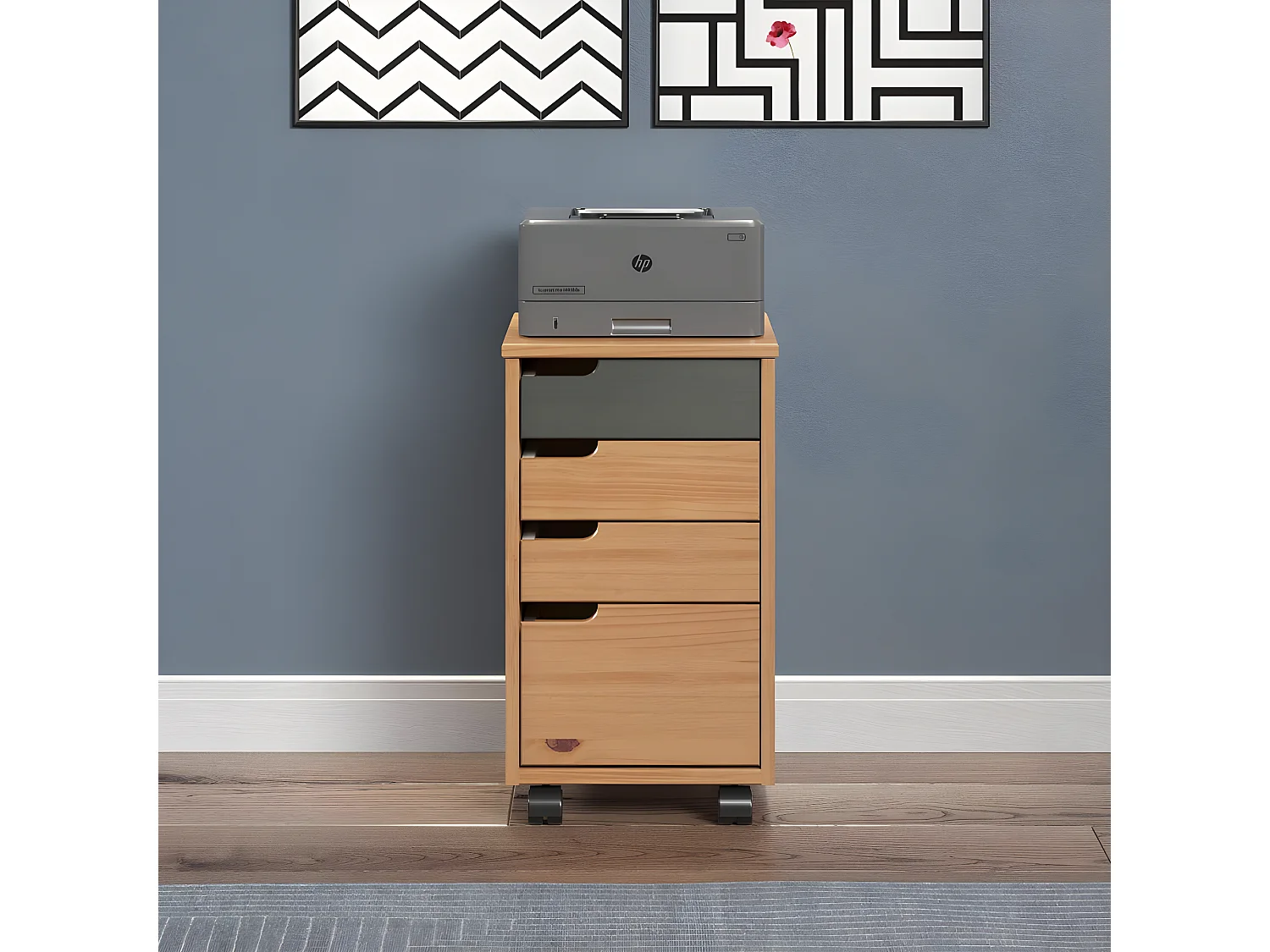 Mestre kommode kantoor, ladecassette op wielen. 3,1 lade honing,grijs.