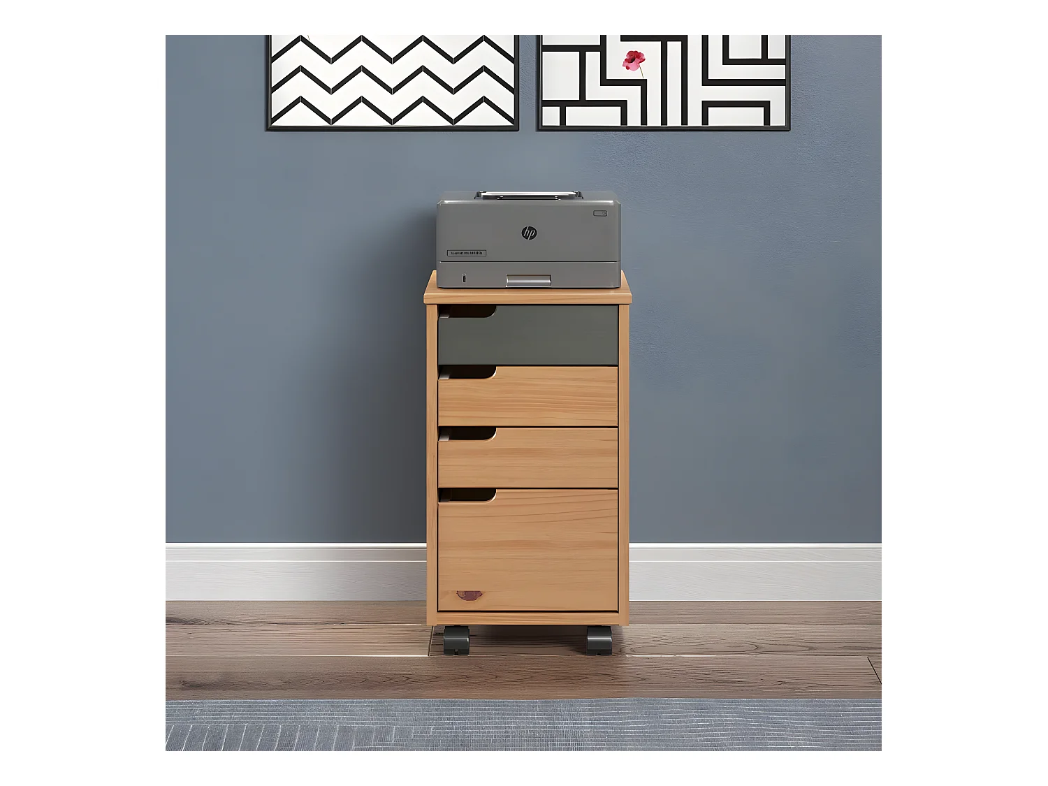 Mestre commode bureau, tiroir cassette sur roulettes. 3, 1 tiroir miel,gris.