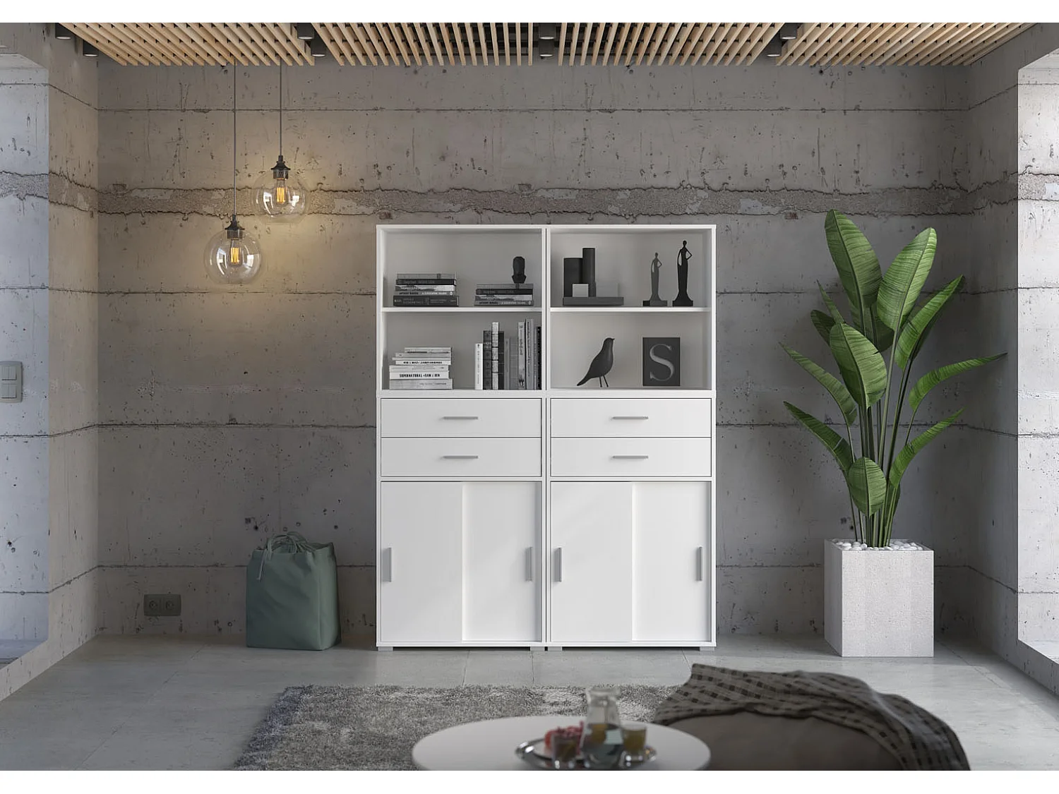 Mover kantoor kast met 2 schuifdeuren 2 deuren, 2 laden wit.