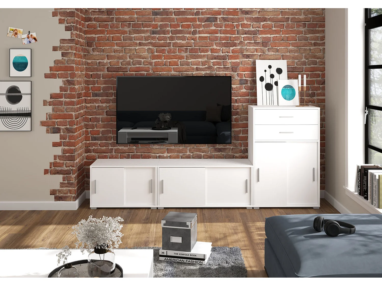 Mover kantoor kast met 2 schuifdeuren 2 deuren, 2 laden wit.