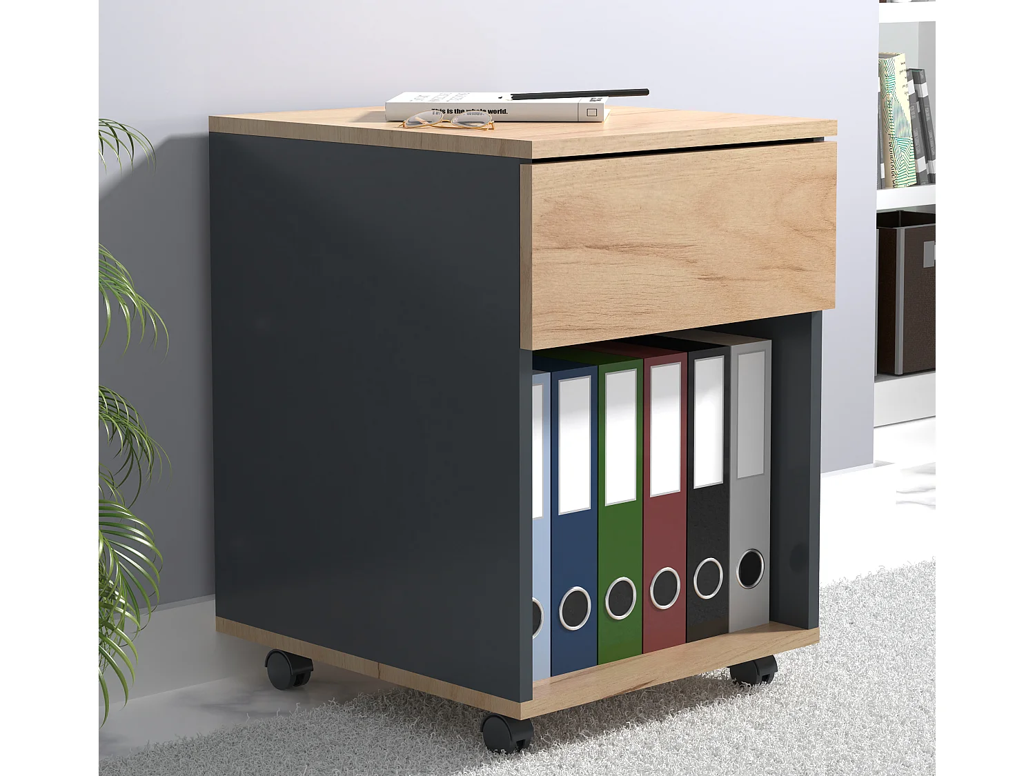 Roll Container Dalosa Anthracite / honey oak H. 55 x W. 39 x D. 45 cm