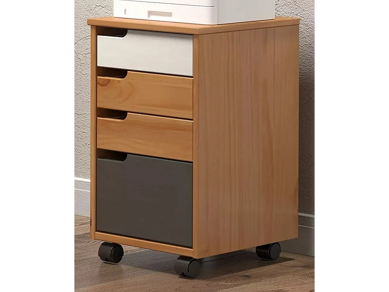 Caisson de bureau 4 tiroirs bois clair, blanc et gris avec roues Louis