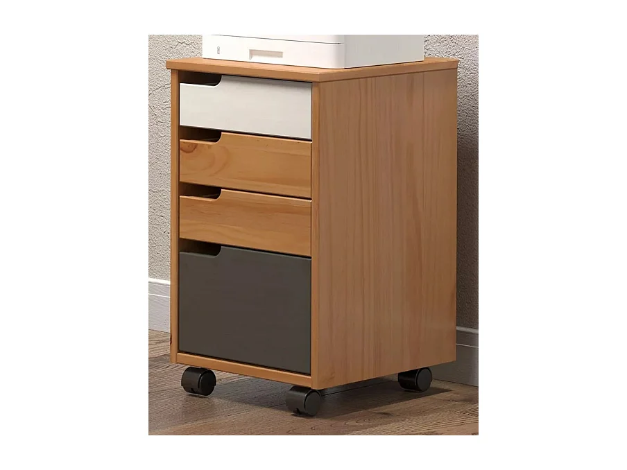 Caisson de bureau 4 tiroirs bois clair, blanc et gris avec roues Louis