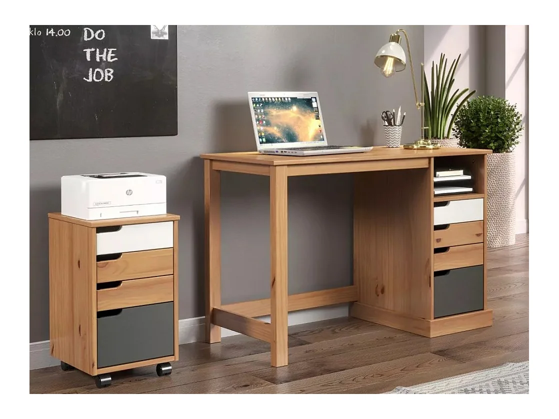 Mestre kommode kantoor, ladecassette op wielen. 3,1 lade honing,wit.grijs.