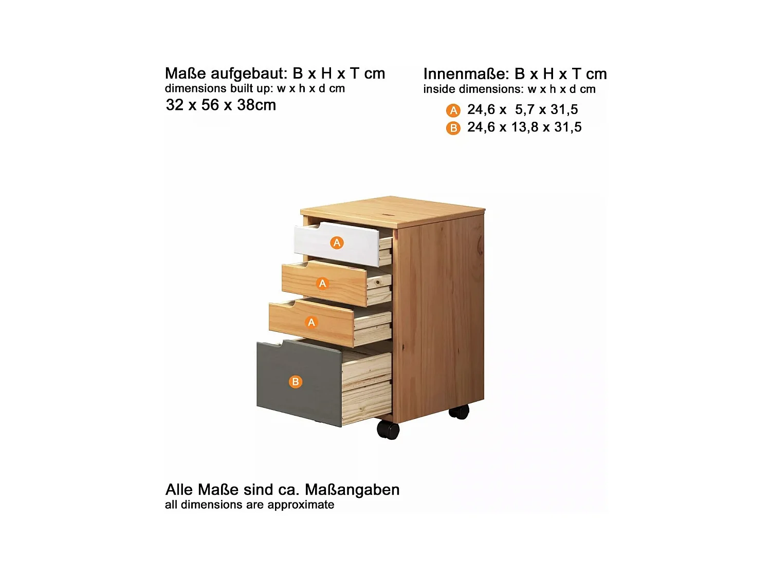 Mestre kommode kantoor, ladecassette op wielen. 3,1 lade honing,wit.grijs.
