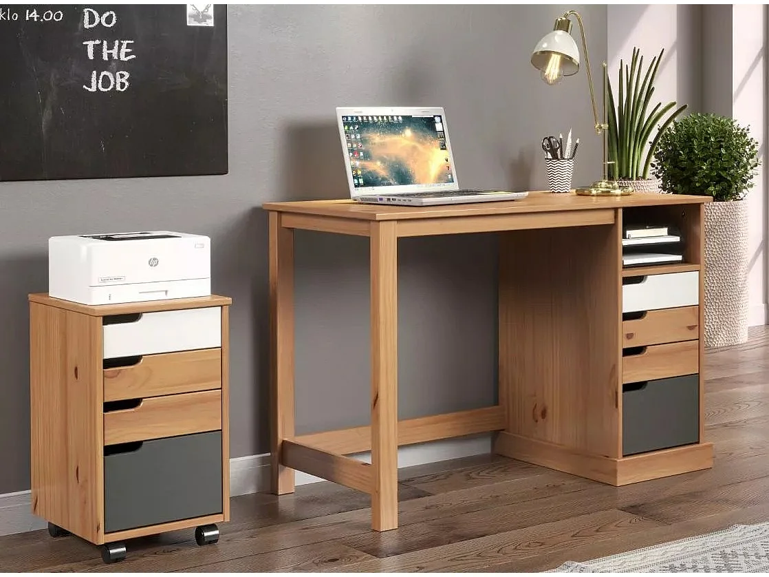 Mestre kommode kantoor, ladecassette op wielen. 3,1 lade honing,wit.grijs.