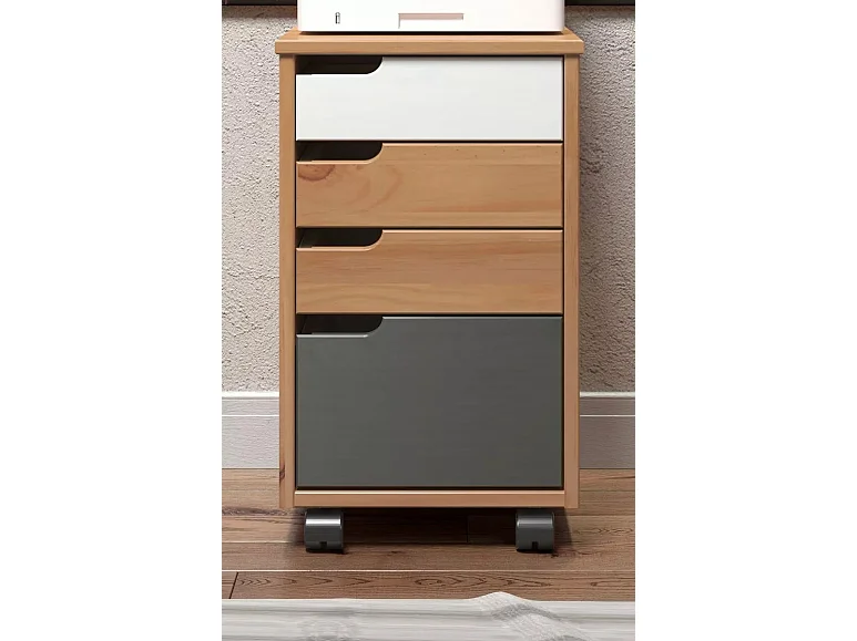 Mestre kommode kantoor, ladecassette op wielen. 3,1 lade honing,wit.grijs.