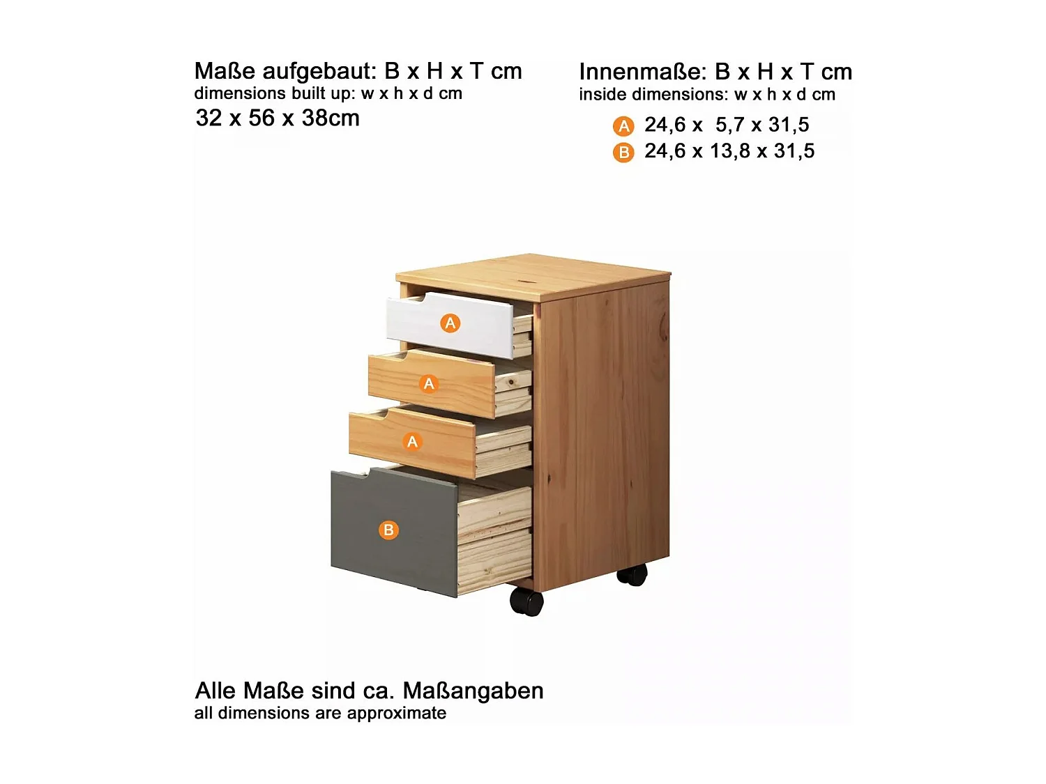 Mestre kommode kantoor, ladecassette op wielen. 3,1 lade honing,wit.grijs.