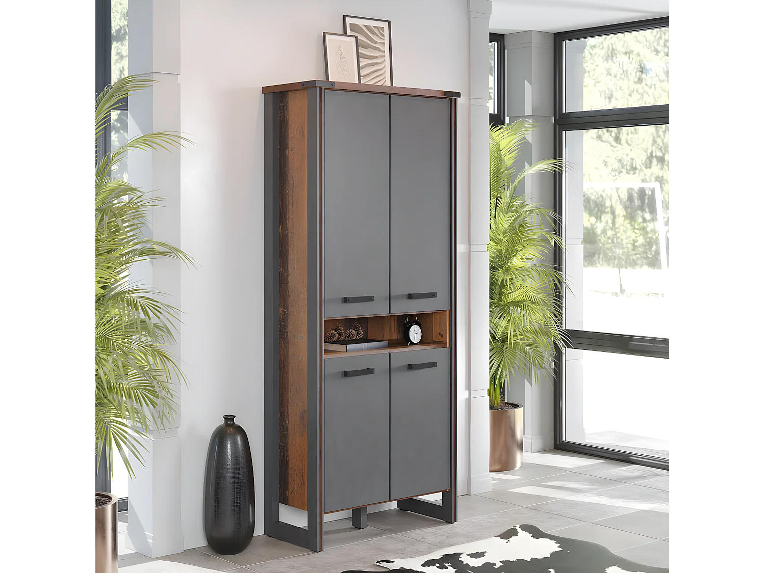 Prime étagère de bureau 4 portes, 1 tablette, Old Wood décor.