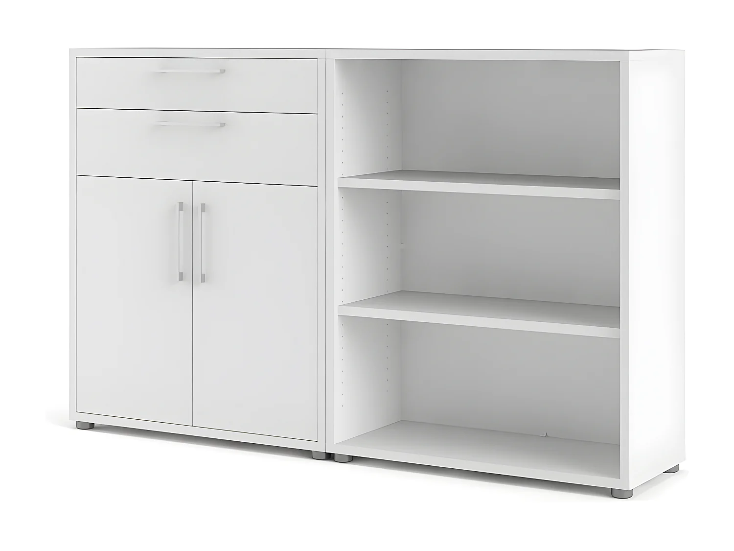 Prisme Étagère de bureau 2 tiroirs, 2 portes et 2 tablettes de rangement, blanc